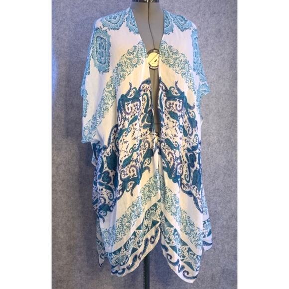 Rachel Roy Boho Kimono Beach Cover Up in Blue Paisley Design, One Size Fits All - Picture 3 of 11